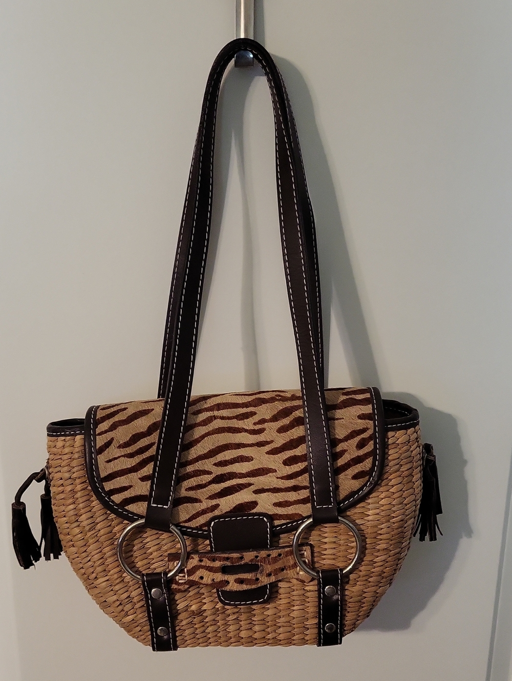 Kate Landry Woven Straw Shoulder Bag with Brown Animal-Print Flap.